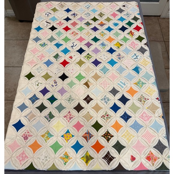 Vintage Handmade Cathedral Window Quilt Patchwork Blanket - Picture 2 of 7